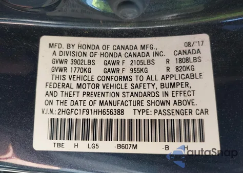 2017 Honda Civic Touring из США, поврежденный, VIN 2HGFC1F91HH656388